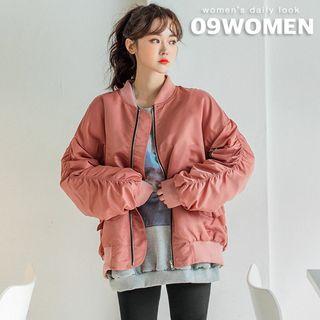 Shirred-trim Fleece-lined Bomber Jacket