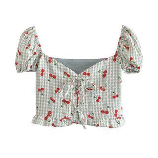 Puff-sleeve Cherry Print Lace-up Crop Top