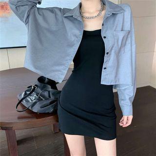 Sleeveless Plain Dress / Long-sleeve Open-back Jacket