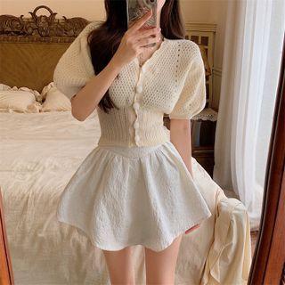 Short-sleeve Perforated Knit Top Almond - One Size