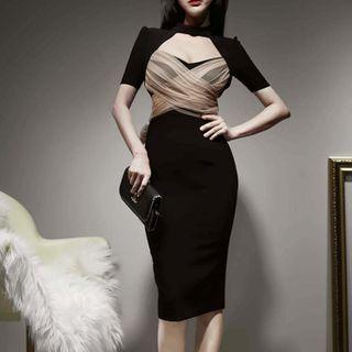 Cutout Mesh Panel Midi Bodycon Dress