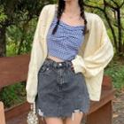 Plaid Cropped Camisole Top / Denim Mini Skirt / Long-sleeve Knit Cardigan