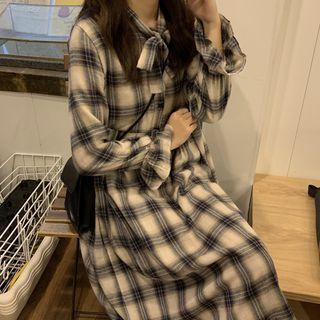 Long-sleeve Plaid Midi A-line Dress Plaid - One Size