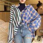 Patterned Panel Cut-out Shoulder Shirt