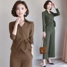 Set: Long Sleeve Striped V-neck Wrapped Top + Wide-leg Dress Pants