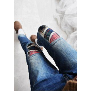 Drawstring-waist Knee-patch Tapered Jeans