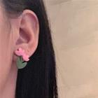 Floral Ear Stud 1 Pair - Pink & Green - One Size