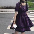 Lace Trim Plaid Short-sleeve Mini A-line Dress