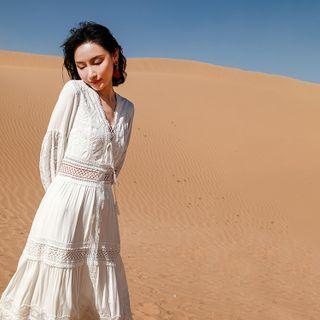 Puff-sleeve Tasseled Lace Trim Midi A-line Dress