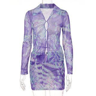 Set: Long-sleeve Collar Tie-dyed Top + Mini Pencil Skirt