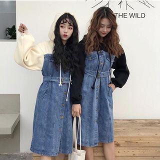 Mock Two-piece Hooded Denim A-line Midi Dress