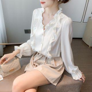 V-neck Plain Ruffle Blouse