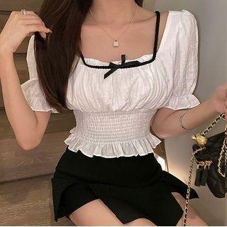 Puff-sleeve Ruffled Cropped Blouse White - One Size