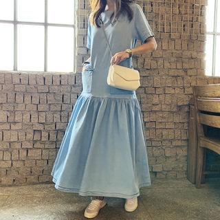 Ruffle-hem Maxi Denim Dress Light Blue - One Size