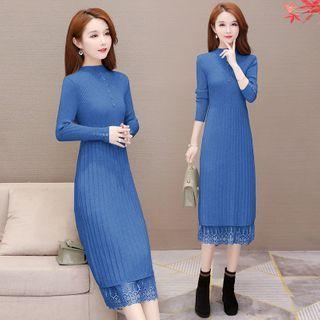 Long-sleeve Lace Trim Knit Mock-neck Midi A-line Dress