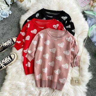 Heart Jacquard Short-sleeve Round-neck Knit Top