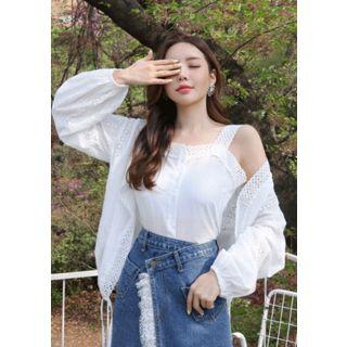 Set: Drawcord Eyelet-lace Cardigan + Sleeveless Top