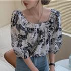 Puff-sleeve Leaf Print Blouse Floral - Black & White - One Size