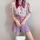 Puff-sleeve Plaid Blouse / Shorts / Belt / Set