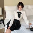 Bow-accent Long-sleeve Blouse As Figure - One Size