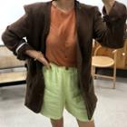 Band-waist Linen Blend Shorts Light Green - One Size