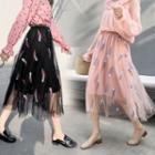 Feather Embroidered Midi A-line Mesh Skirt