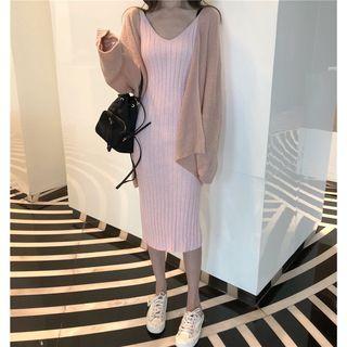 Wide-sleeve Chunky Cardigan / Rib Knit Tank Dress