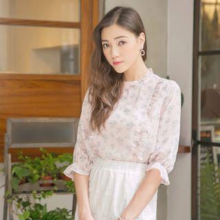 3/4 Sleeve Floral Frill Chiffon Top