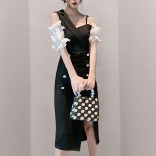 Asymmetrical Cold-shoulder Slit Midi Bodycon Dress