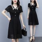 Short-sleeve Polo-neck A-line Lace Dress