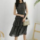 Sleeveless Frilled-detail Dotted Dress