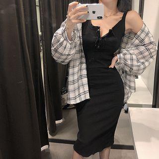 Plaid Shirt / Sleeveless Midi Sheath Dress