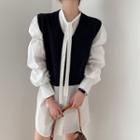 Puff-sleeve Mini Shirtdress / V-neck Knit Vest