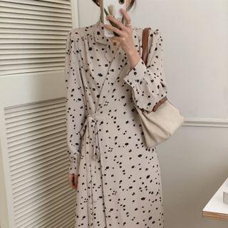 Long-sleeve Notch Lapel Floral Print Midi A-line Dress