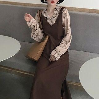 Print Shirt/ Plain Strappy Midi A-line Dress