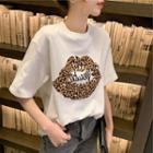 3/4-sleeve Leopard Print Lips T-shirt