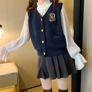 Plain Puff-sleeve Blouse / Letter Embroidered Knit Vest / Min Pleated Skirt