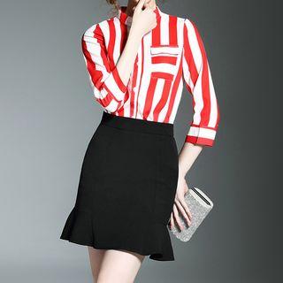 Set: Striped Chiffon Blouse + Ruffle Hem Mini Skirt