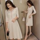 Contrast-trim 3/4-sleeve A-line Knit Dress