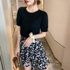 Set: Plain Short-sleeve Cutout-back T-shirt + Floral Mini A-line Skirt