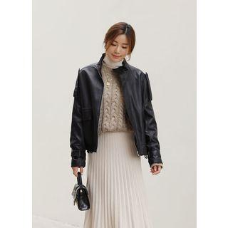 Epaulet Belted-cuff Faux-leather Jacket Black - One Size