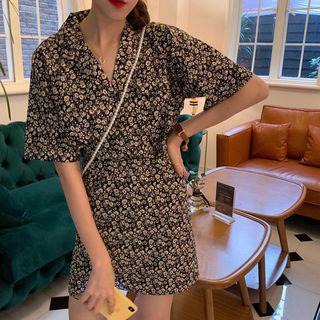 Set: Short-sleeve Floral Shirt + Mini Floral A-line Skirt