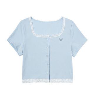 Lace Trim Butterfly Embroidered Button-up Crop Top