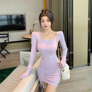 Long-sleeve Drawstring Mini Sheath Dress Purple - One Size