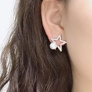 925 Sterling Silver Rhinestone Star / Non-matching Faux Pearl Moon & Star Earring