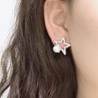 925 Sterling Silver Rhinestone Star / Non-matching Faux Pearl Moon & Star Earring