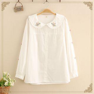 Long Sleeve Floral Embroidered Collar Shirt As Shown In Figure - One Size