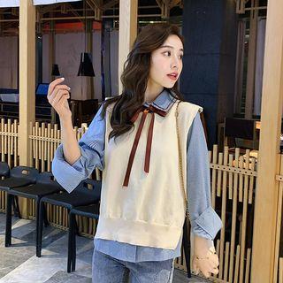 Set: Double-collar Striped Shirt + Knit Vest