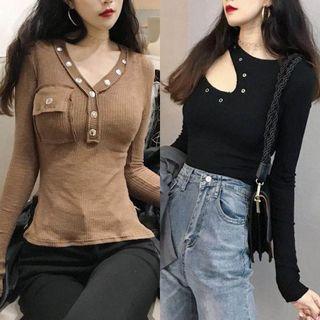Long-sleeve V-neck / Cut Out Rib-knit Top