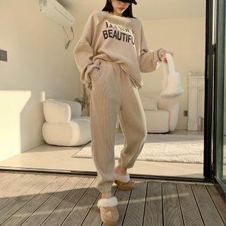 Set: Letter Print Ribbed Sweatshirt + Jogger Pants